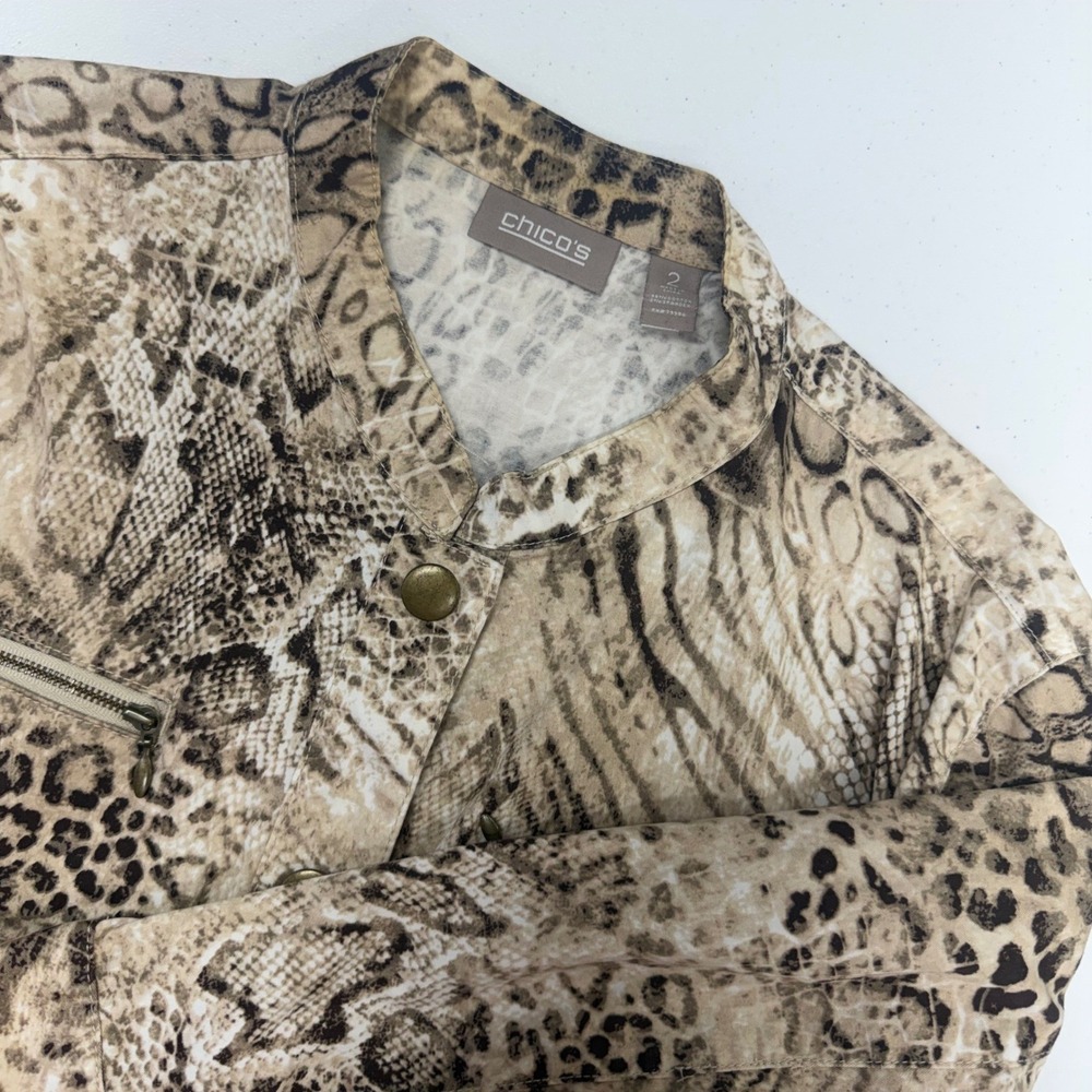 Chicos Mixed Animal Print Jacket Tan Brown Leopard Snake Mock Neck Size 2 Large